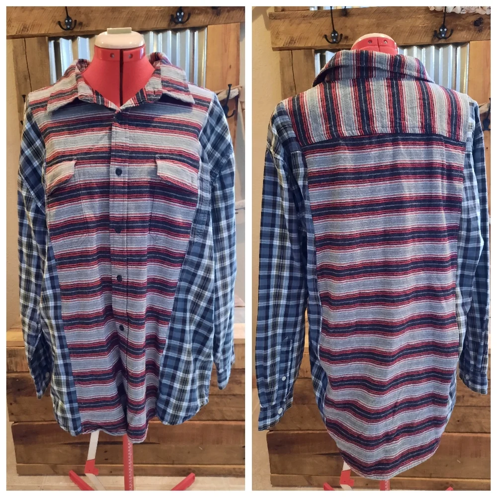 Spliced Flannel Plaid Shirt Upcycled Mens M-L womans L-XL unisex - Picture 2 of 5